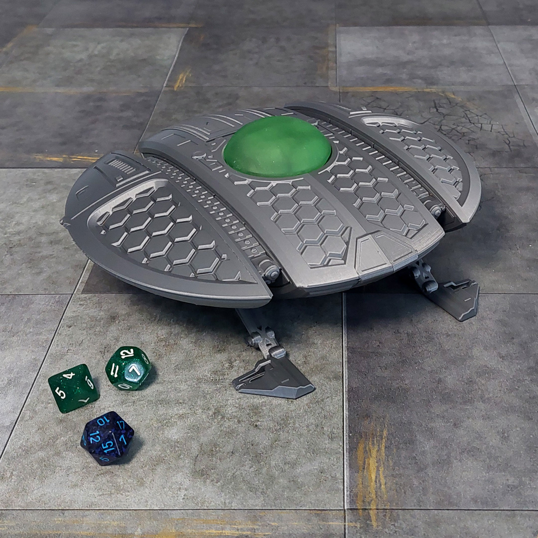 ufonex one 3d printed 28mm scale spacecraft with dice